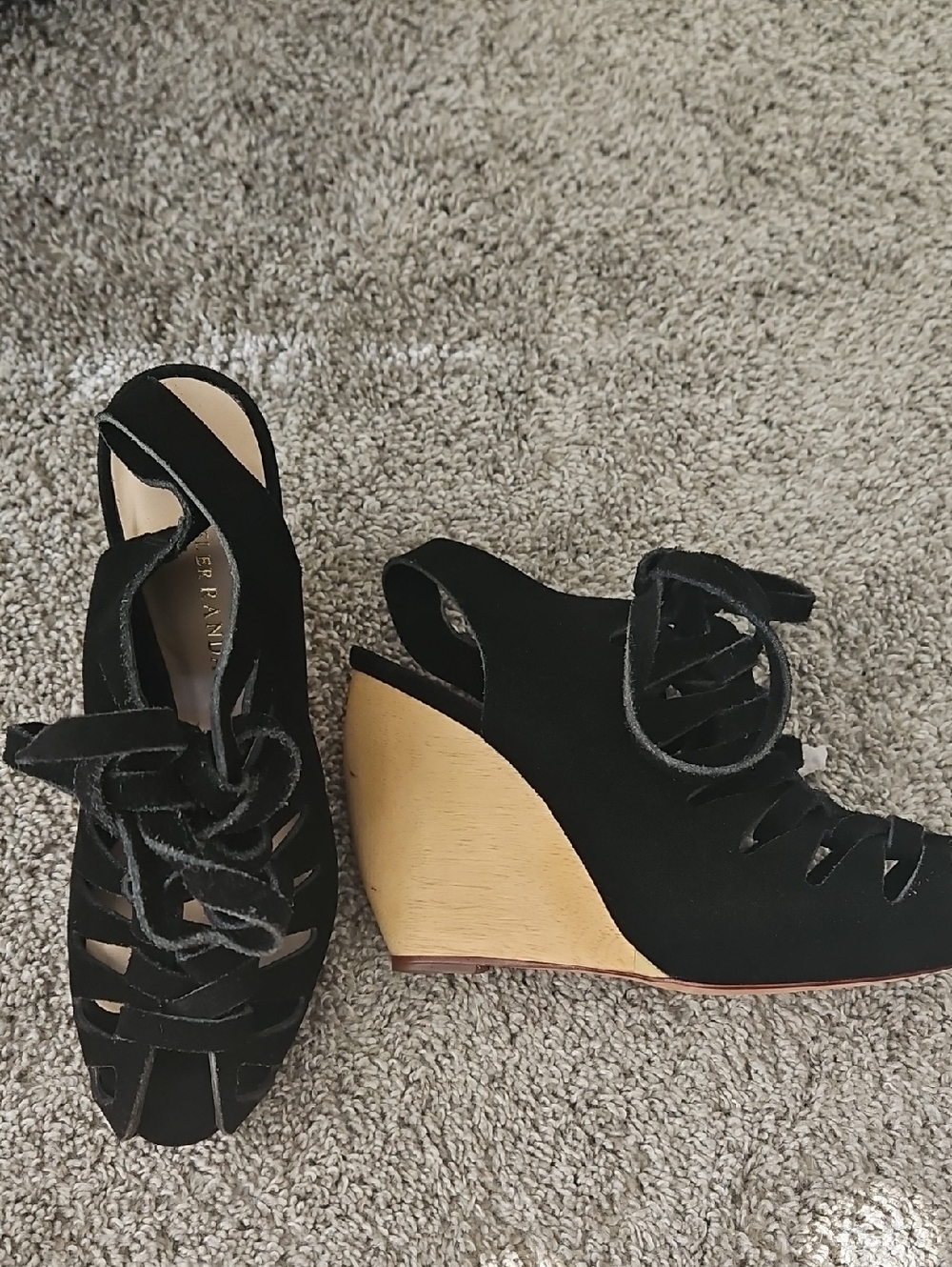Loeffler Randall Black Suede Lace-Up Wedge Sandals 6.5